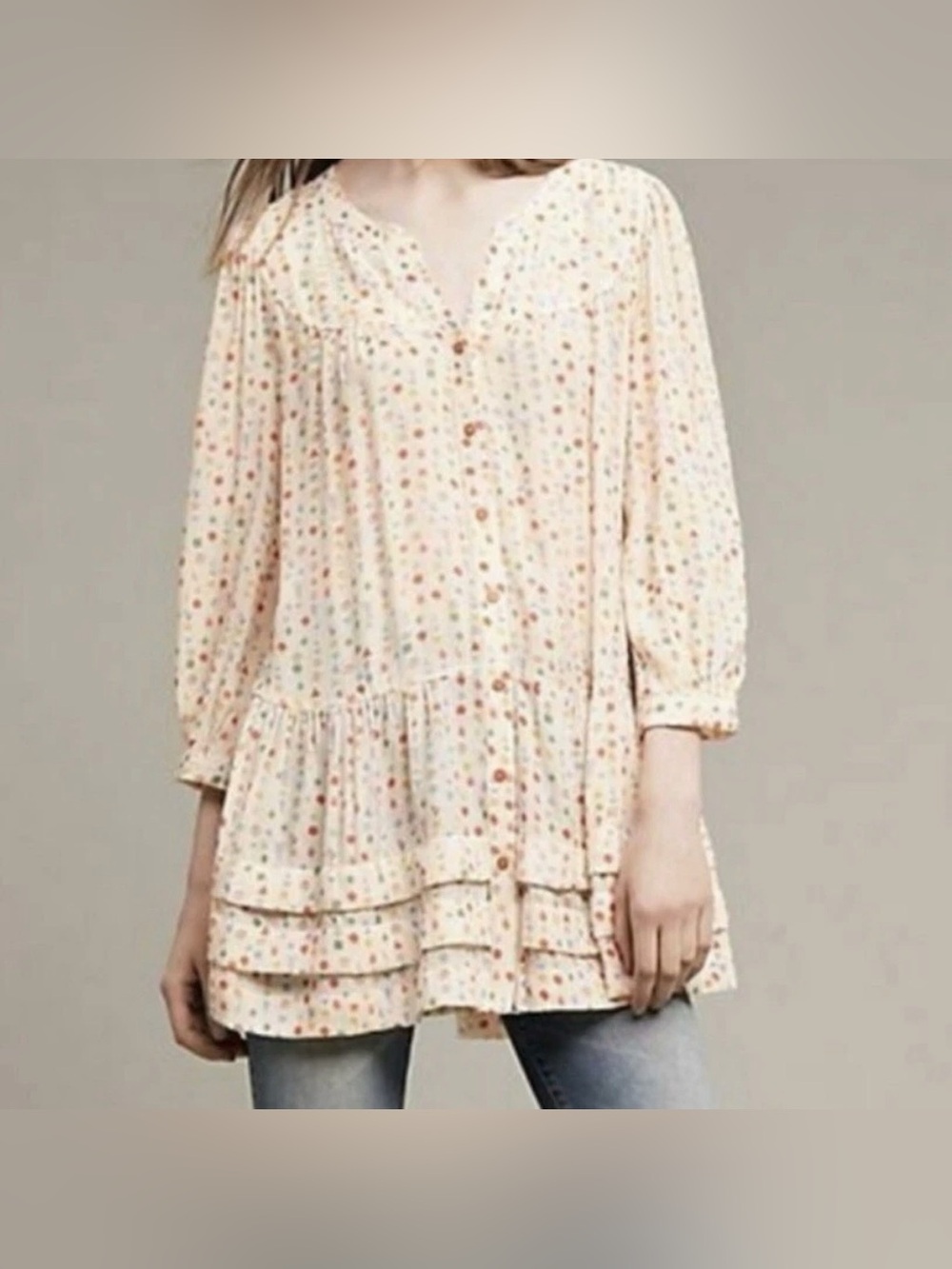 Anthropologie Maeve Paccia Buttondown Tunic Boho Pockets Tiered Flowy XS women